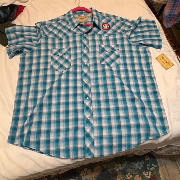 Wrangler Other - Wrangler Western Shirt Mens 2XL Big Teal Blue Plaid Pearl Snap Short Sleeve NEW